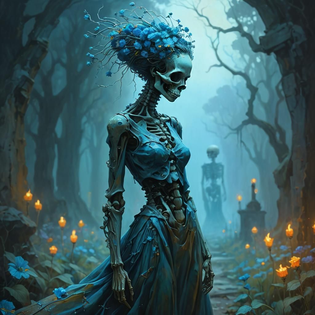 Skeleton Girls in Graveyard: Surreal Oil Painting