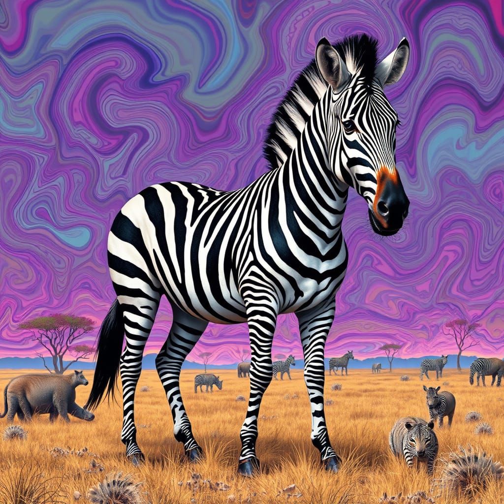 Surreal Zebra in Dreamlike Savannah Landscape