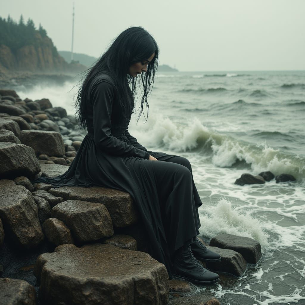 Desolate Woman by the Sea in Abstract Realism