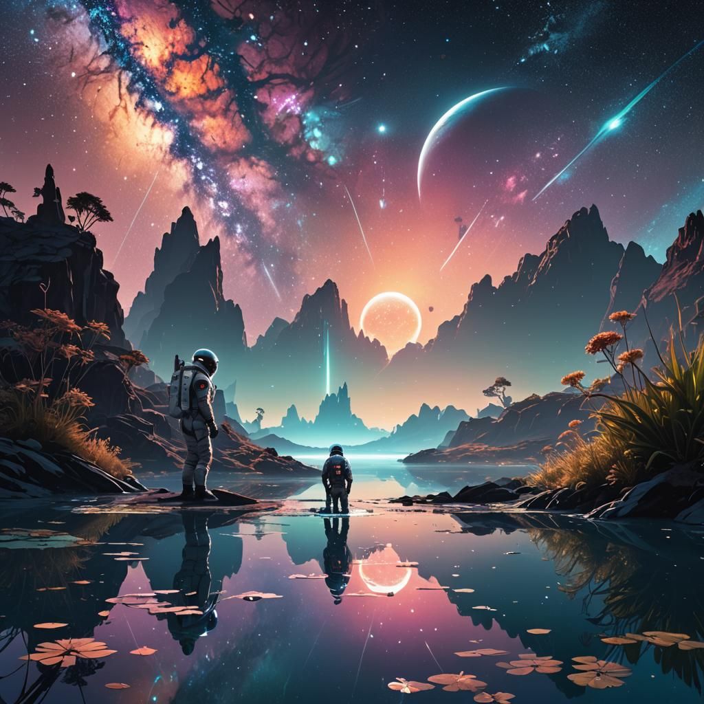 Astronaut and Bioluminescent Lagoon Reflecting Galaxy