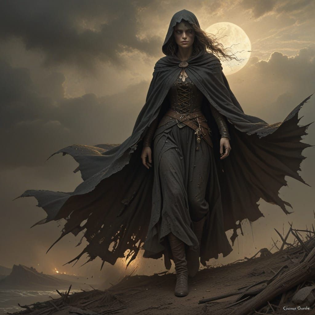 Tattered Cape Sorceress in a Dark, Haunting Style