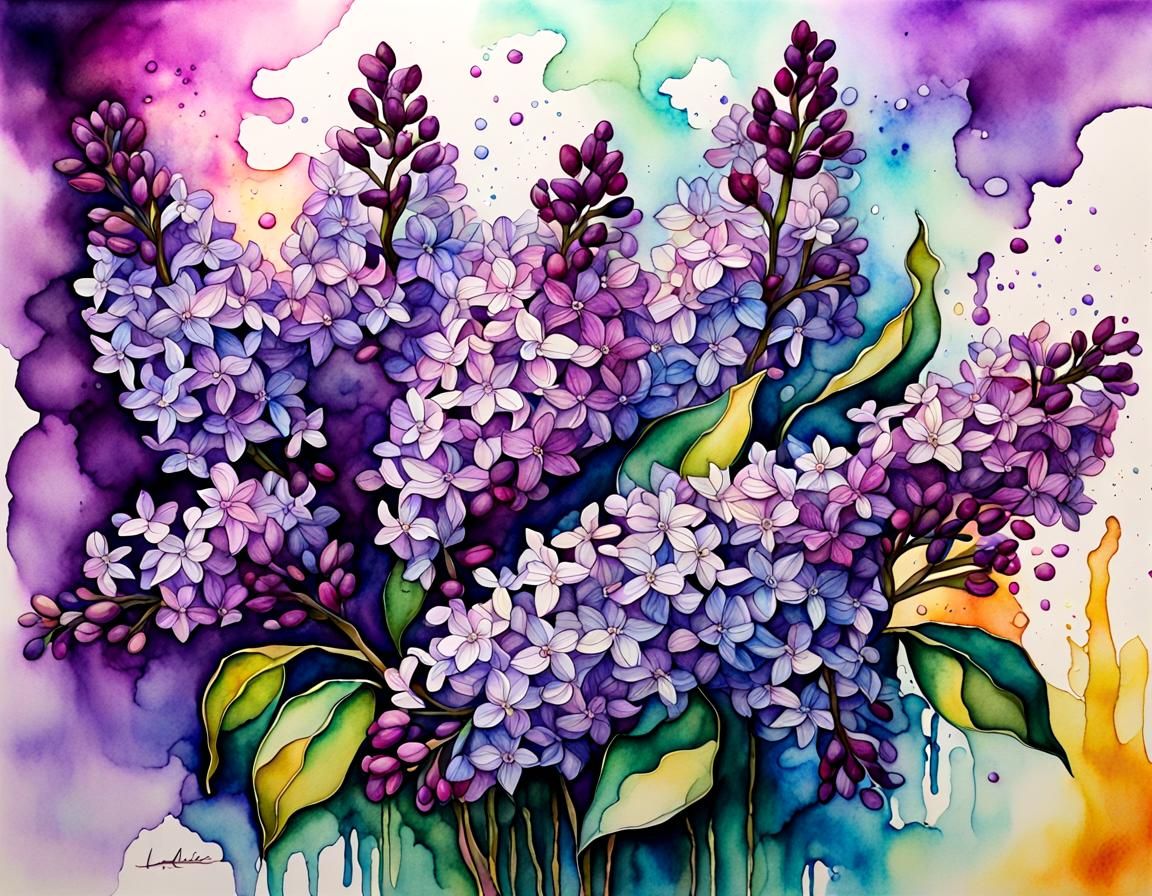 Lilacs in Watercolor and Ink with 3D Effect
