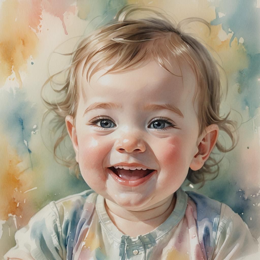 Pastel Portrait of Laughing Baby with Art Supplies