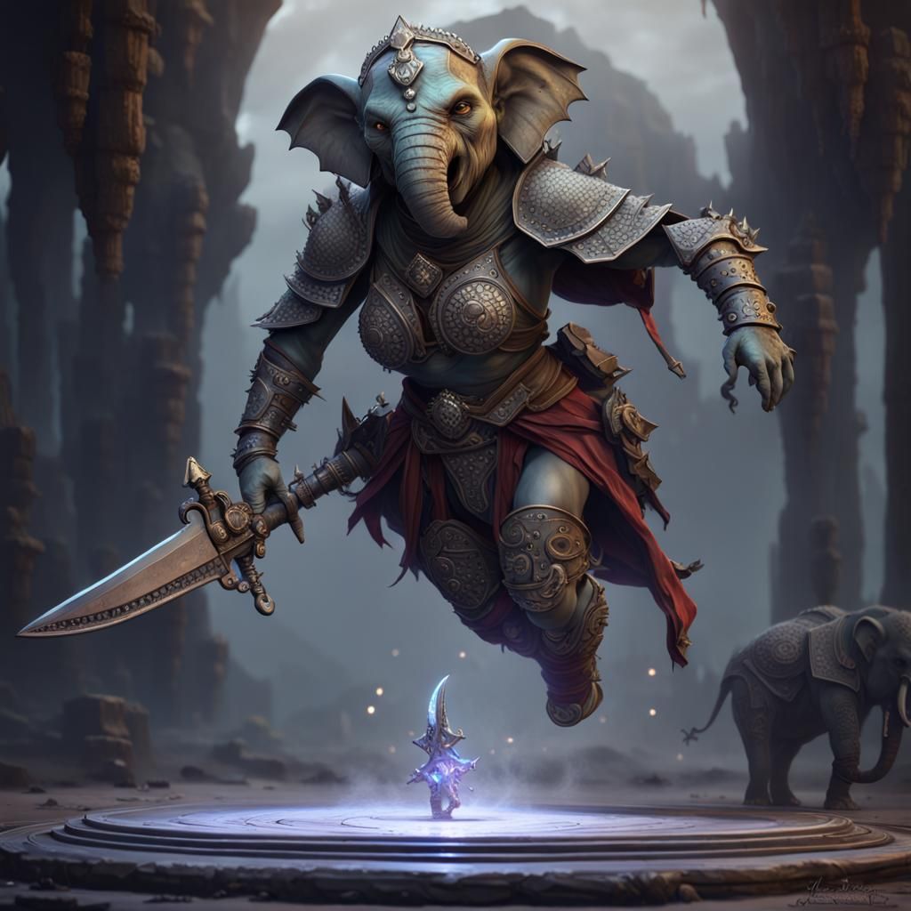 Goblin Ghost Hybrid Rides Elephant, Dark Fantasy Art