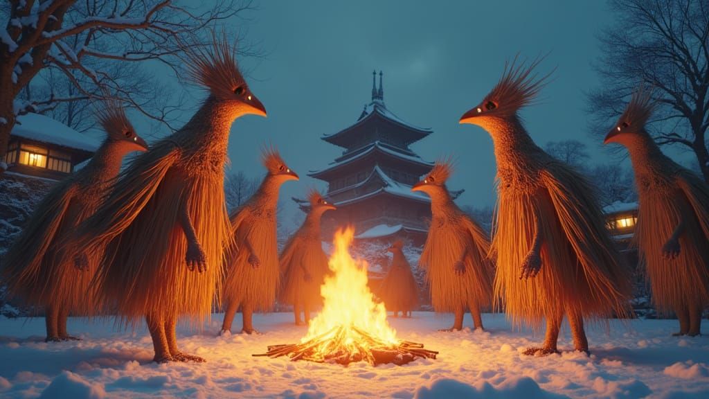 Kasedori Yokai: Straw Bird-Men Dancing in the Snow