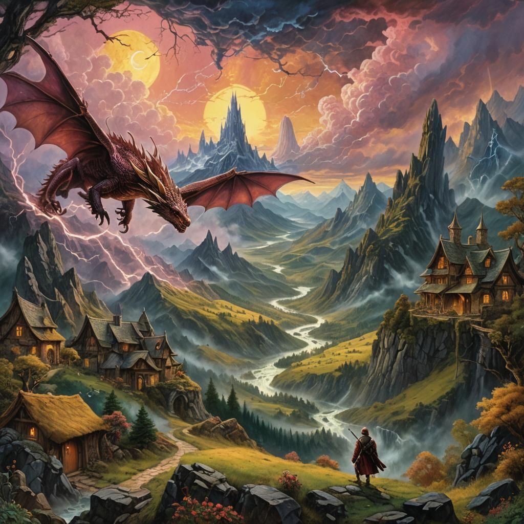 Dragon and Ranger in Middle-earth Landscape