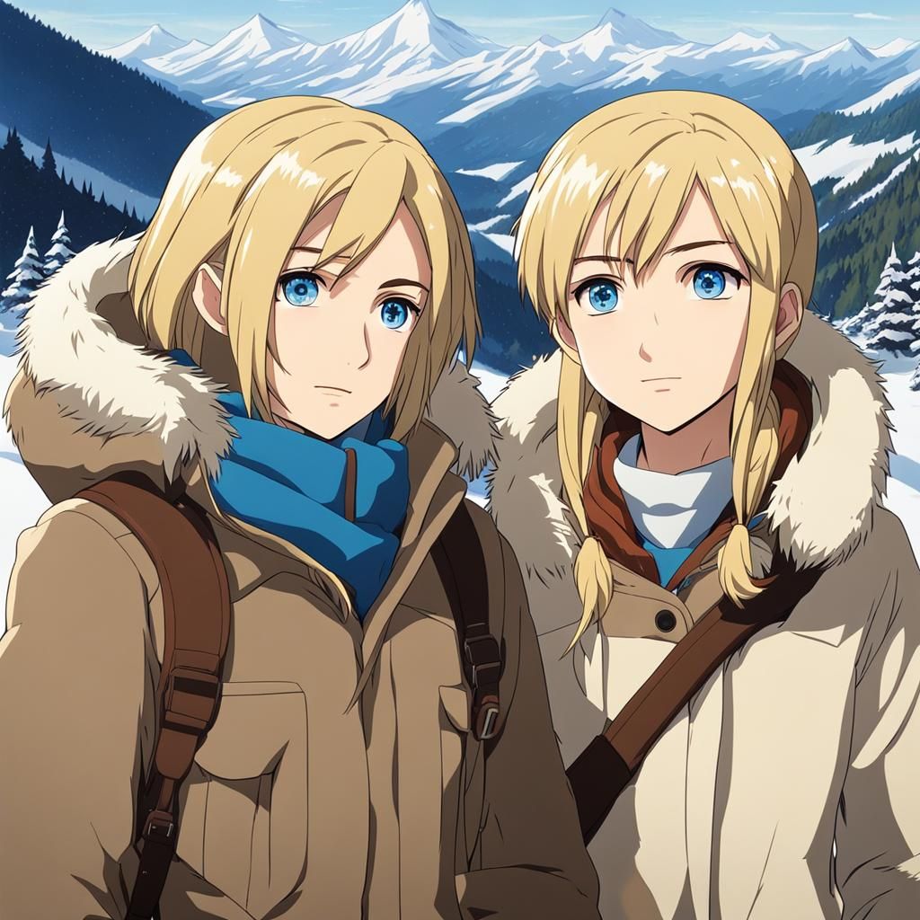 Two Girls in Snowy Mountains, Studio Ghibli Style