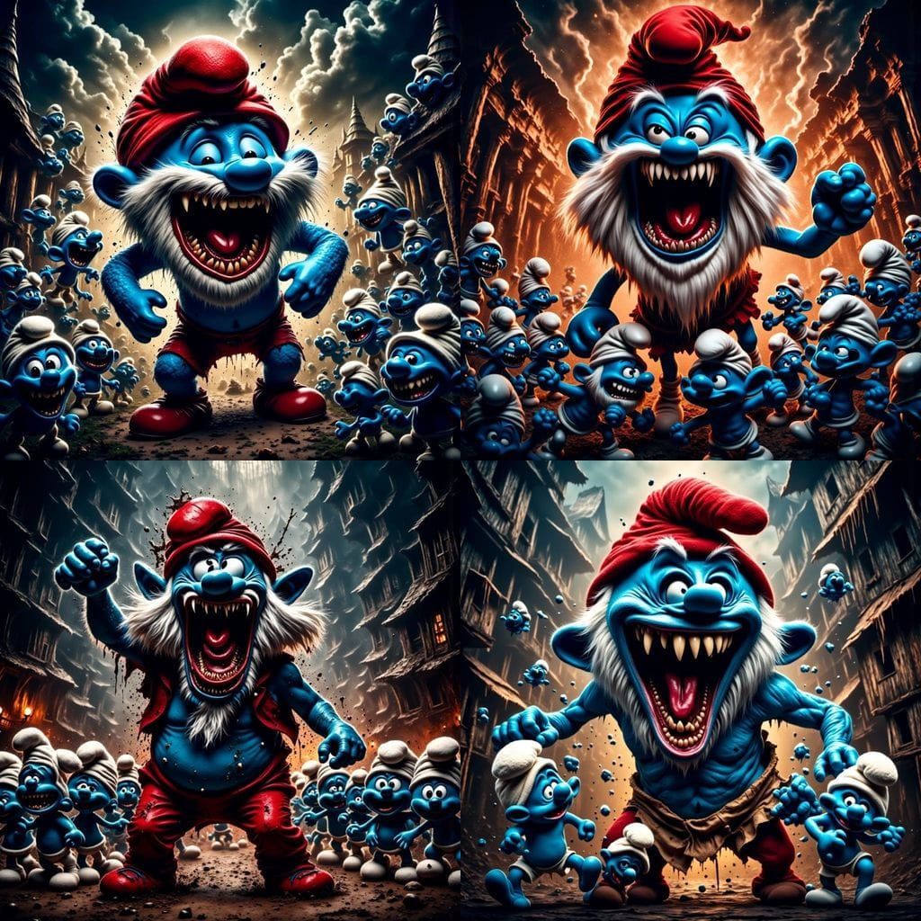 Papa Smurf, consumed by uncontrollable rage, stands at the c...