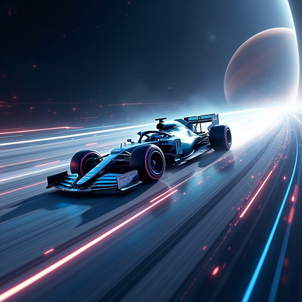 Futuristic F1 Car Speeding Through Saturn's Rings