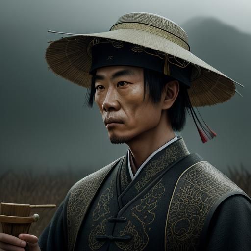 A chinese Taoist who wear bamboo hat.