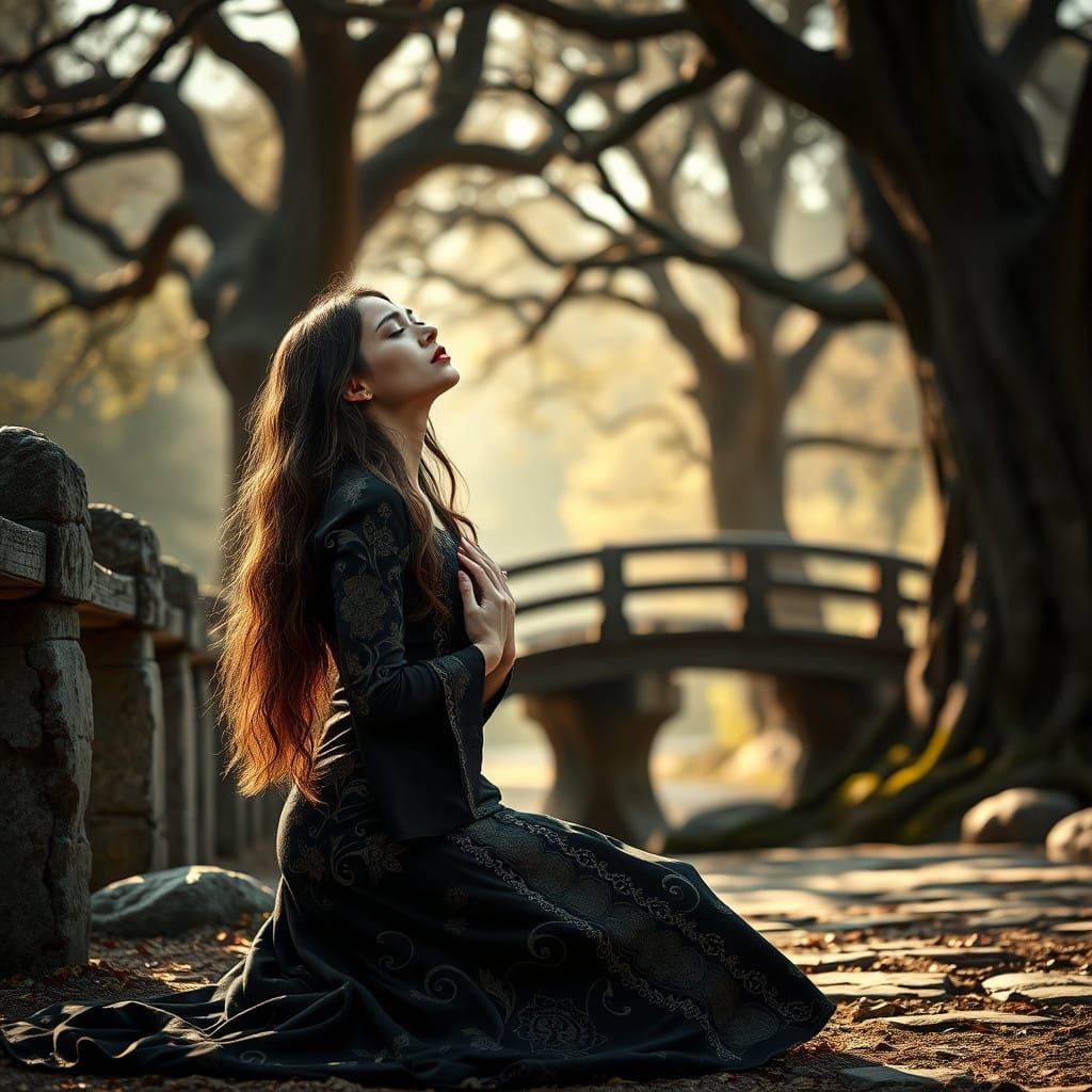 Elegant Lady in Sorrowful Prayer Amidst a Serene Bridge