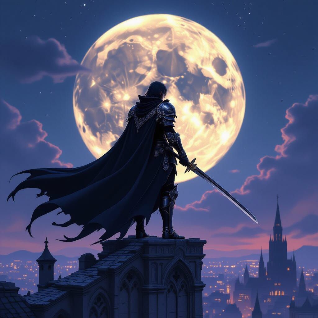 Dark Anime Swordsman Overlooks Moonlit Cityscape