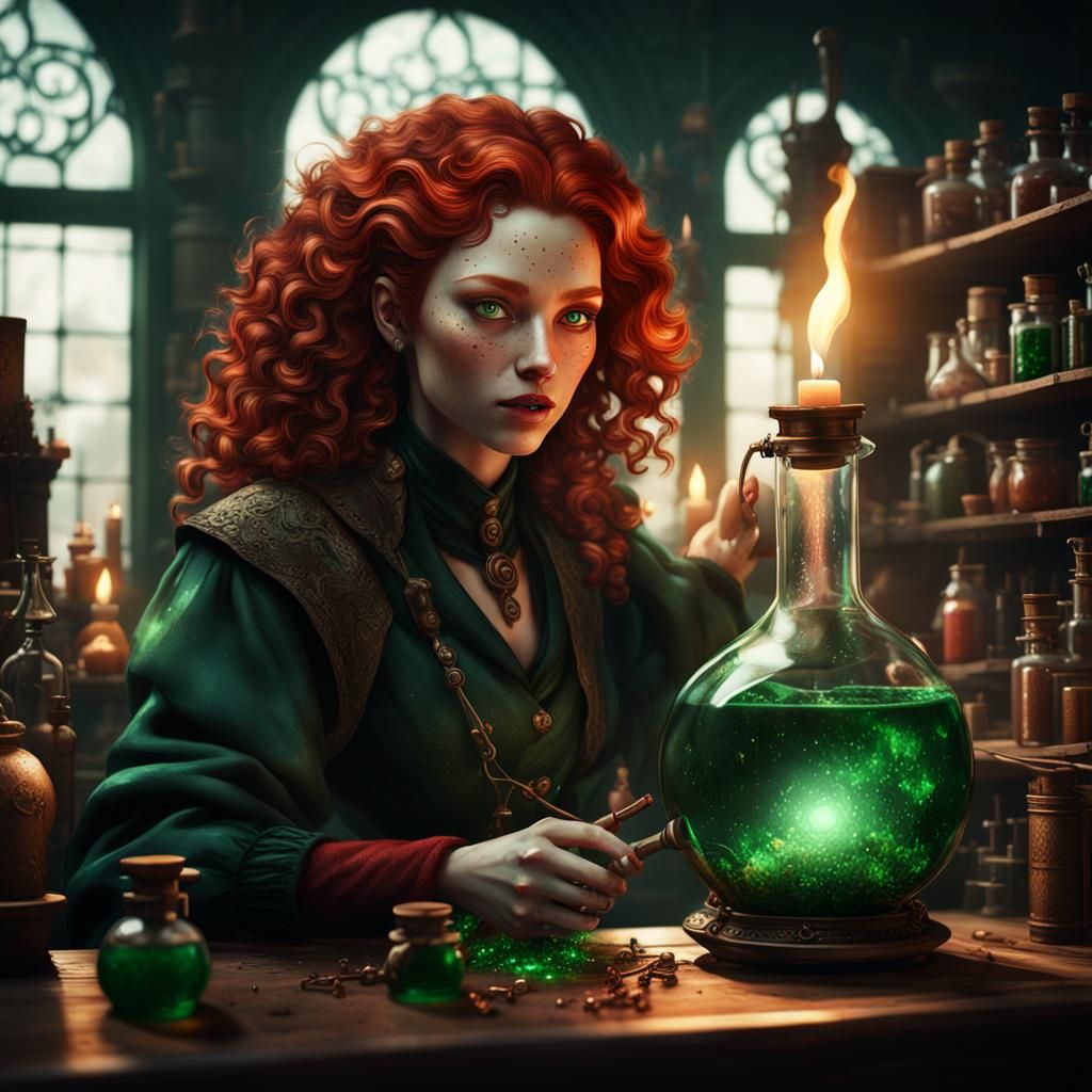 European Alchemist Mixing Potions, Art Nouveau Style