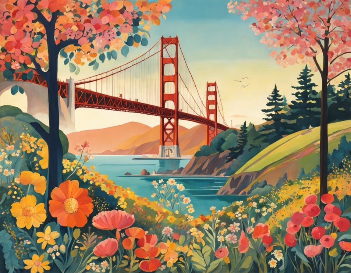 Golden Gate Bridge Landscape in Whimsical Cel-Shaded Style