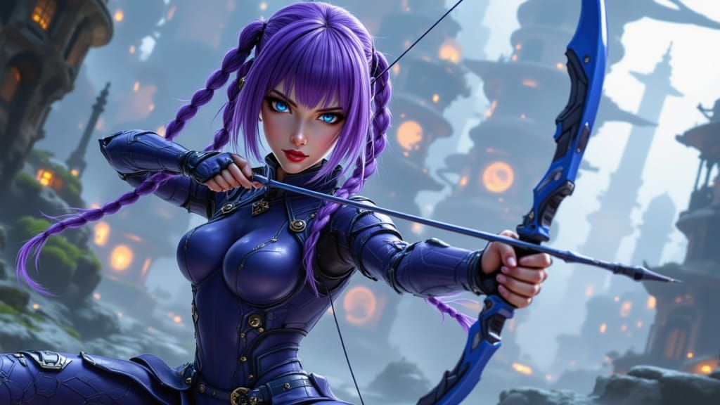 Female Archer With Blue-Purple Braids & Longbow (Accu LoRA)