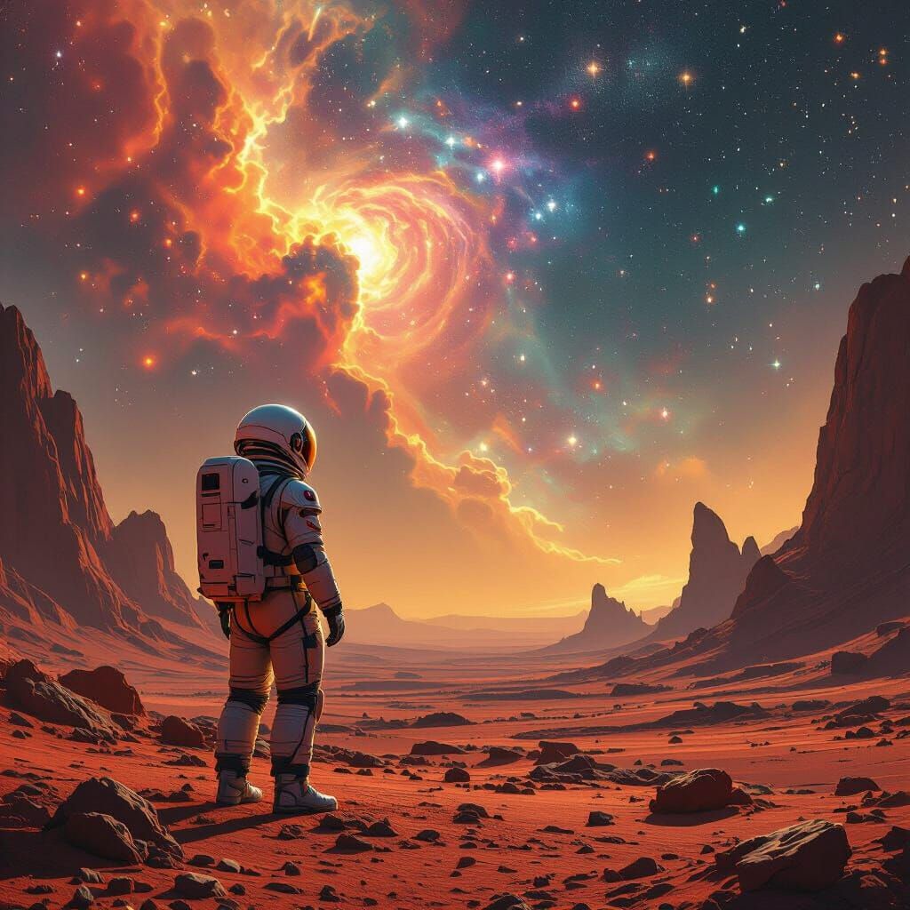 Astronaut on Alien Planet Gazing at Nebula Sky