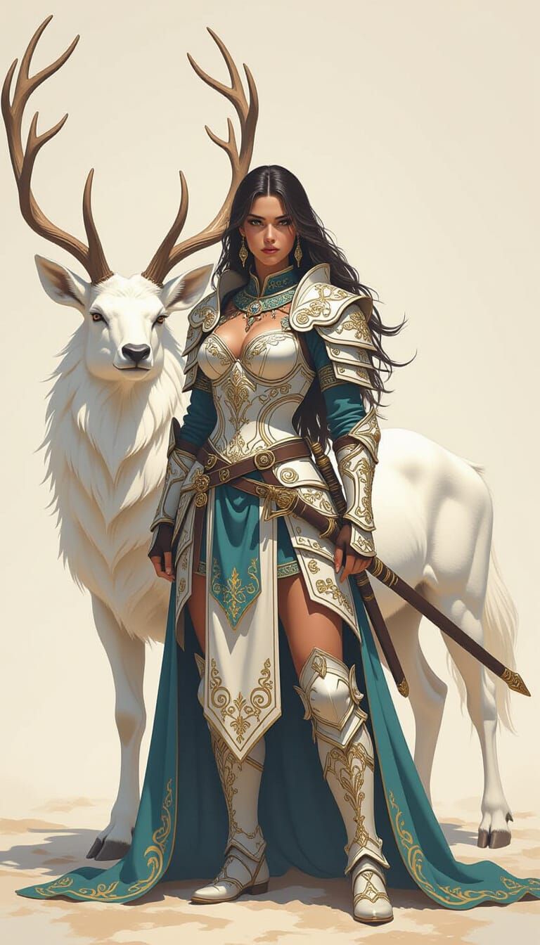 Female Warrior with White Stag in Ethereal Light