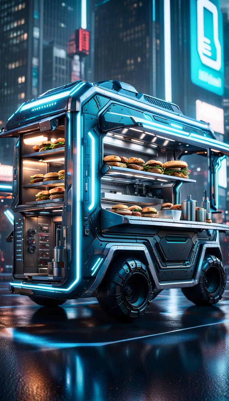 Futuristic Food Truck with Intricate Mech Details