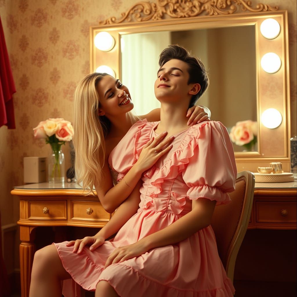 Man in Frilly Dress at Vanity, Cinematic Film Still