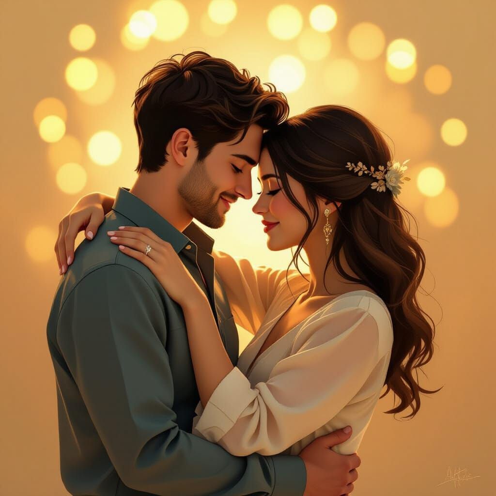 Romantic Couple Embrace in Dreamy Art Style