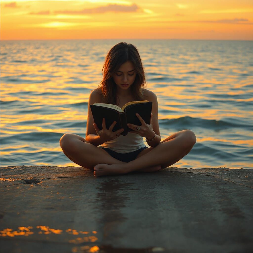 She sits alone at the edge of the sea, a book cradled in her...
