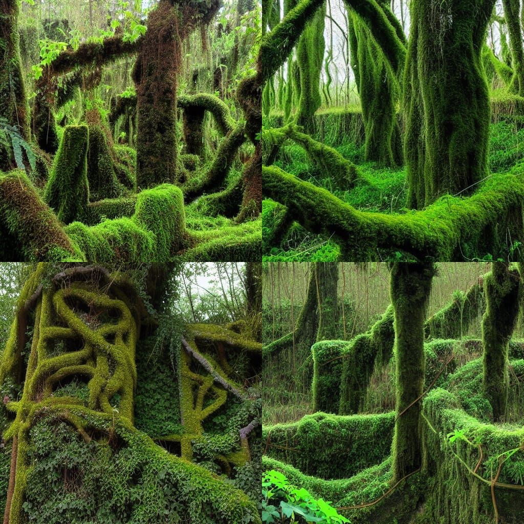Overgrown city covered in vines and moss