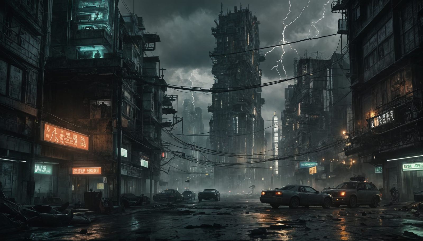 Apocalyptic Dystopian City in Toxic Green Storm