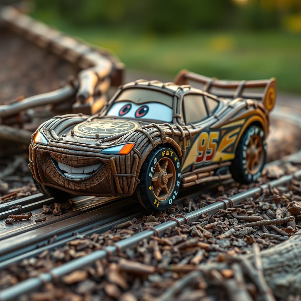 Wooden Lightning McQueen Speeding on Rustic Track