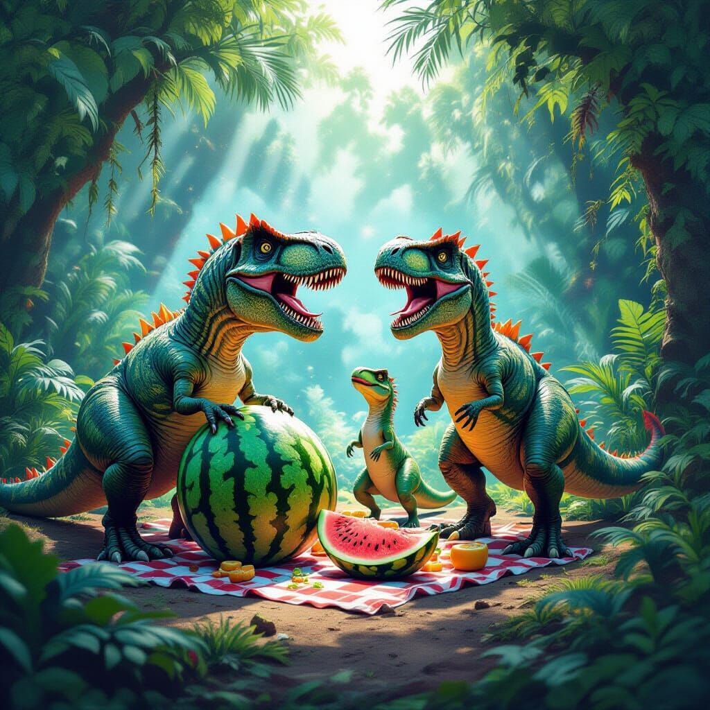 Anthropomorphic Dinosaurs' Cosmic Picnic in Alien Jungle