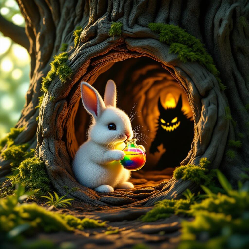 Fluffy Bunny Drinks Rainbow Potion in Cozy Tree Hole