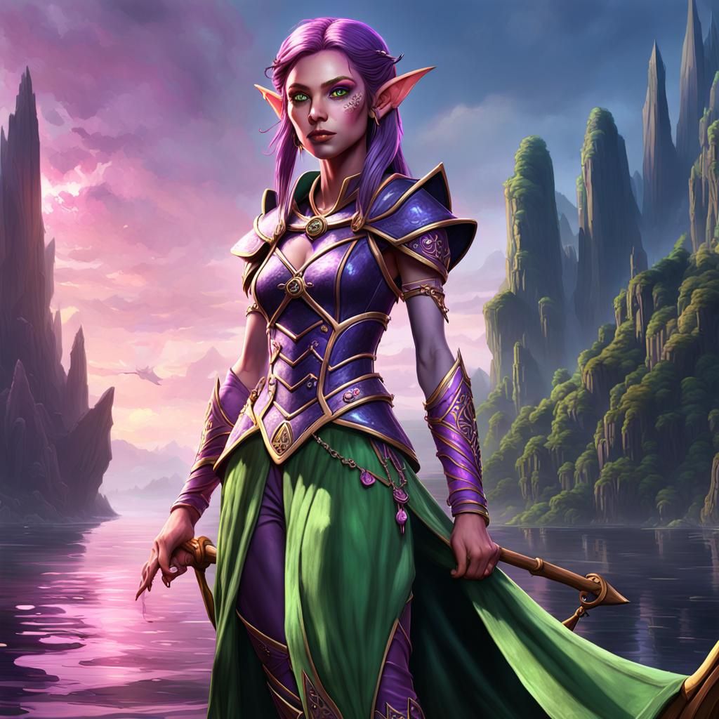 Green Elf in Pink Outfit: Dark Fantasy Art