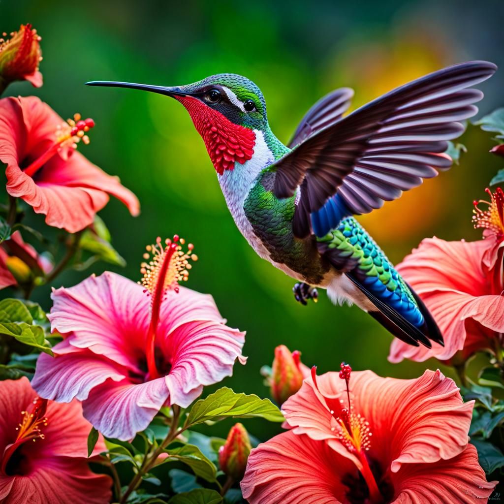 Hummingbird in Hibiscus Garden: Abstract Art