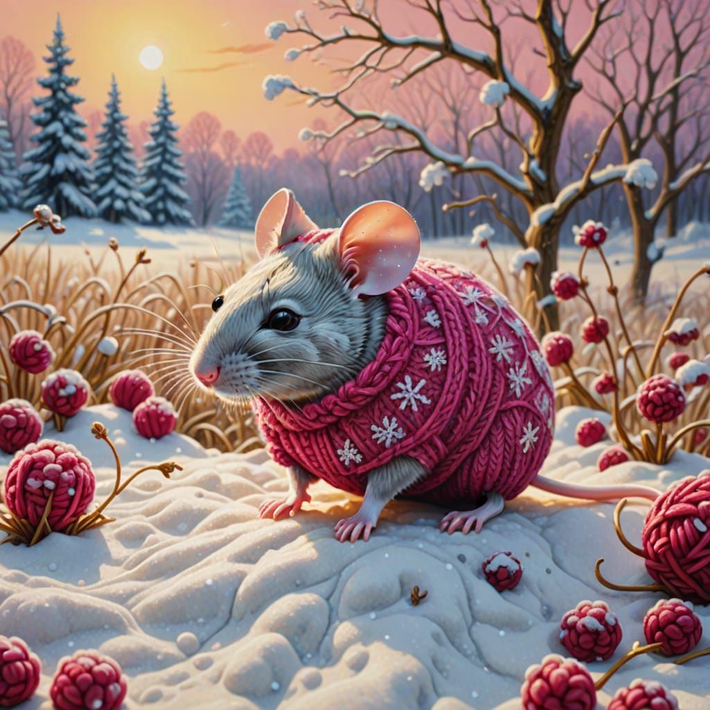 Surreal Mouse in Snow with Raspberry Field Glow