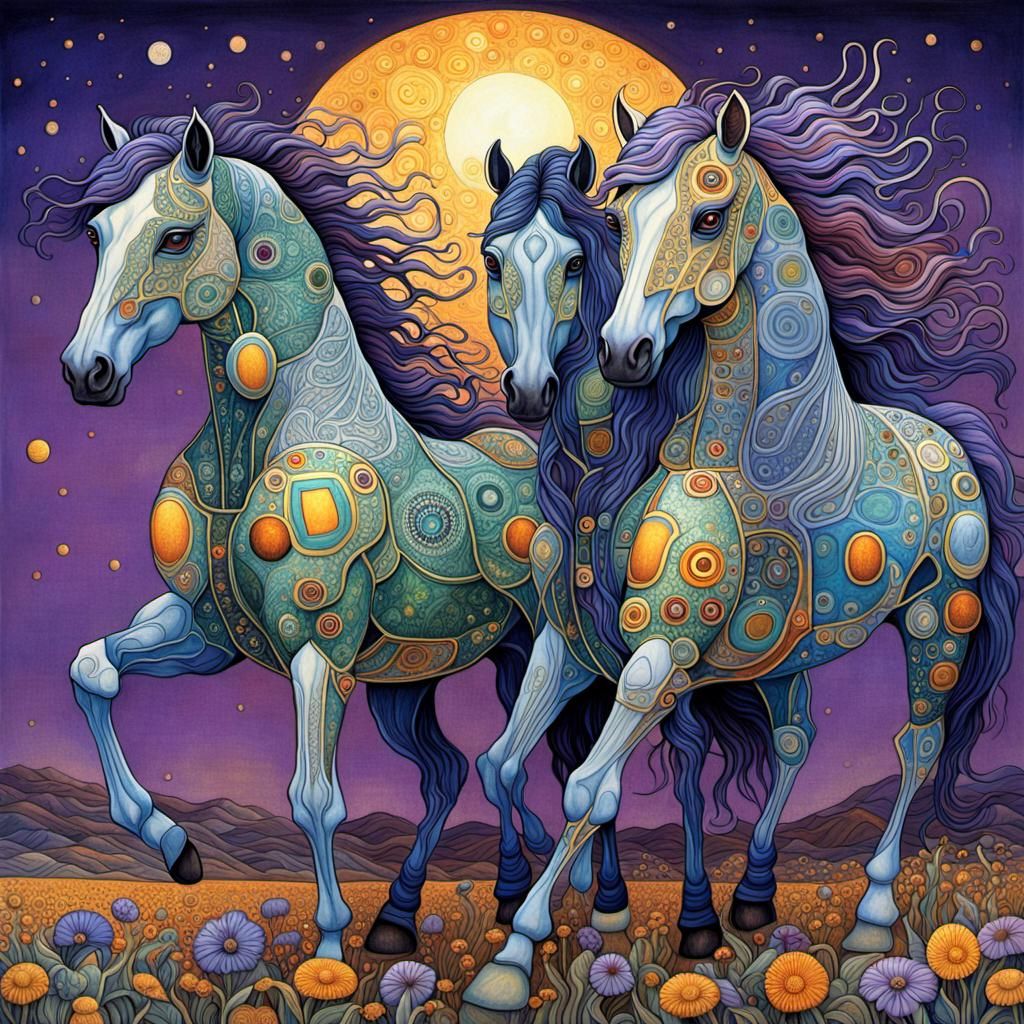 Horses in a Solarpunk Landscape, Art Nouveau Style