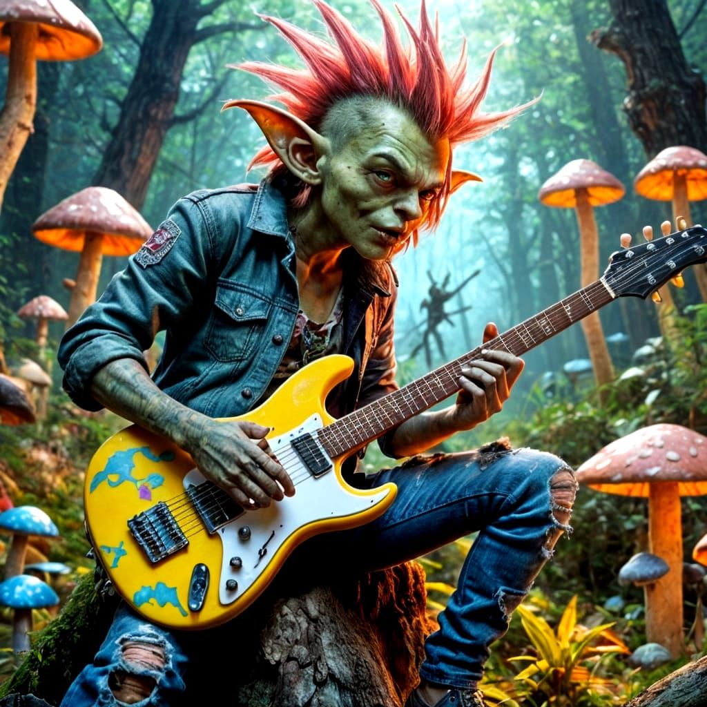 Punk Rock Goblin Shreds Guitar in Mushroom Forest