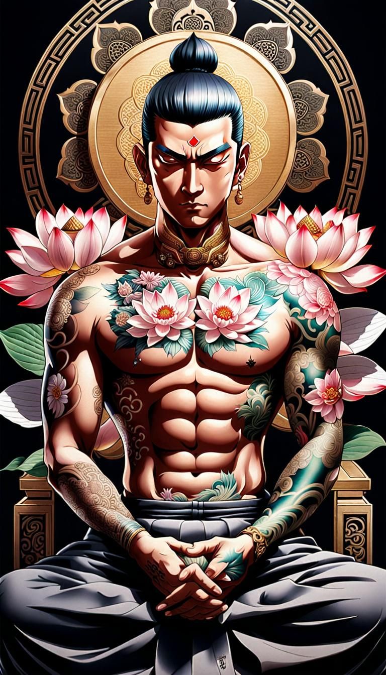 Japanese Mafia Portrait with Buddha Tattoo in Anime Style