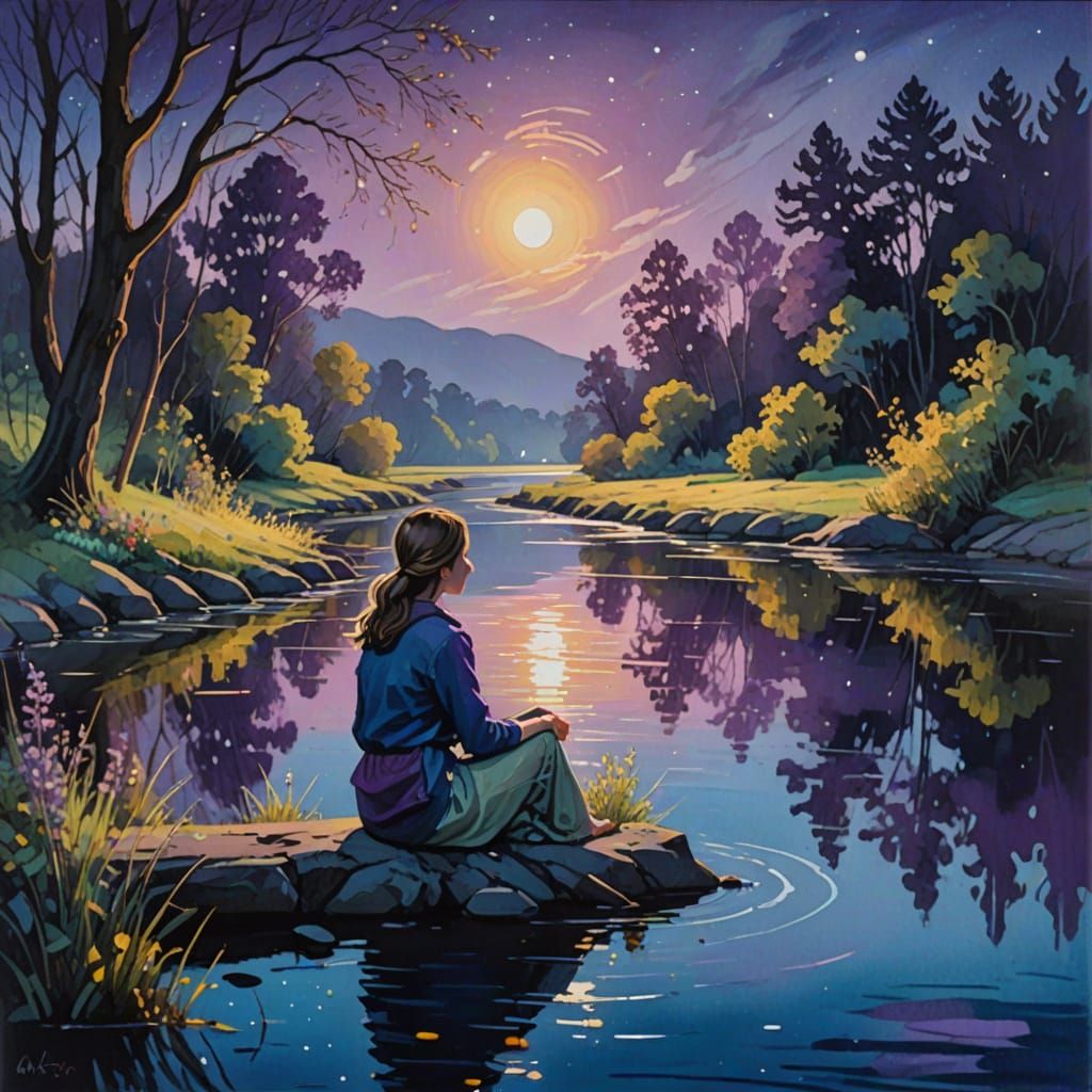 Dreamy Moonlit Riverbank Scene in Whimsical Impressionist St...