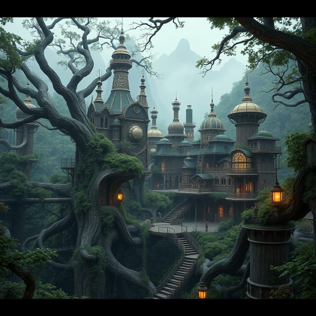 Steampunk overgrown with ancient trees, high fantasy, digital art