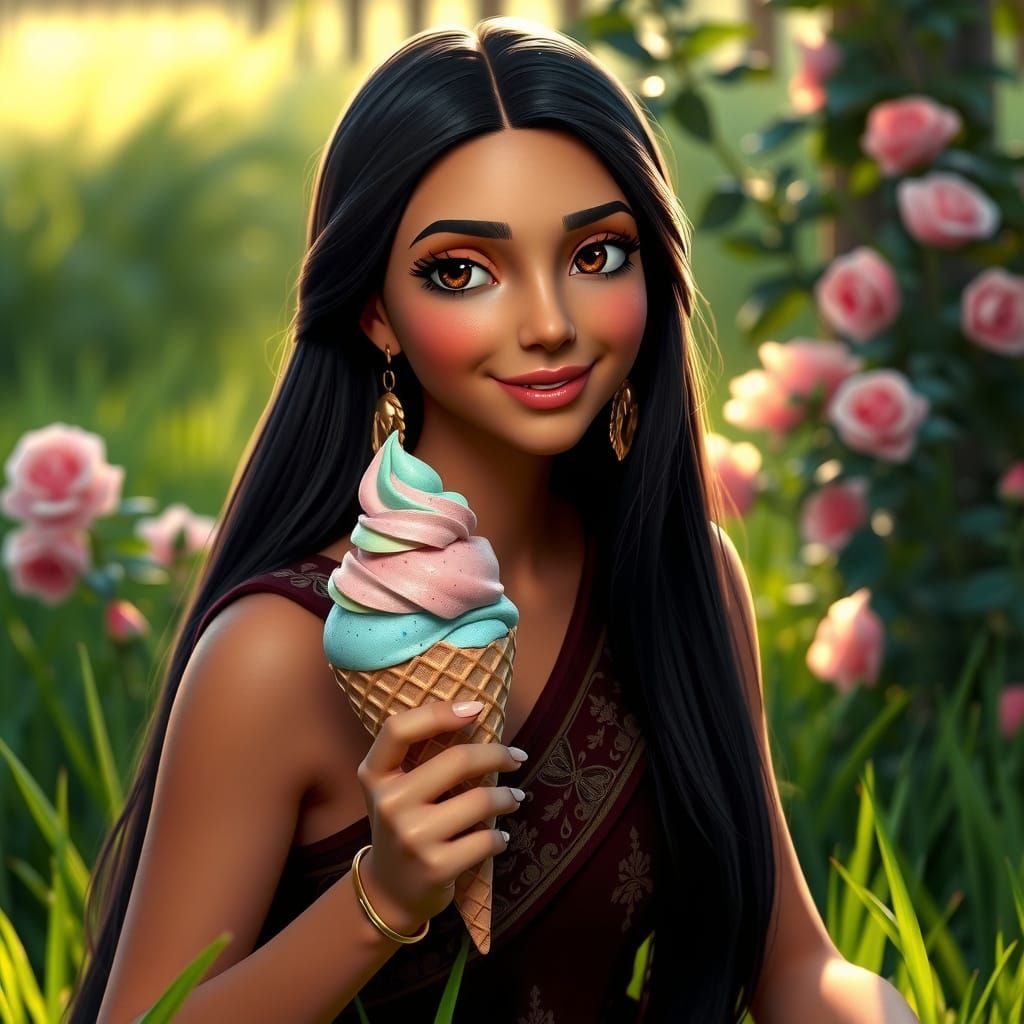 Pocahontas Portrait with Ice Cream, Detailed Digital Art