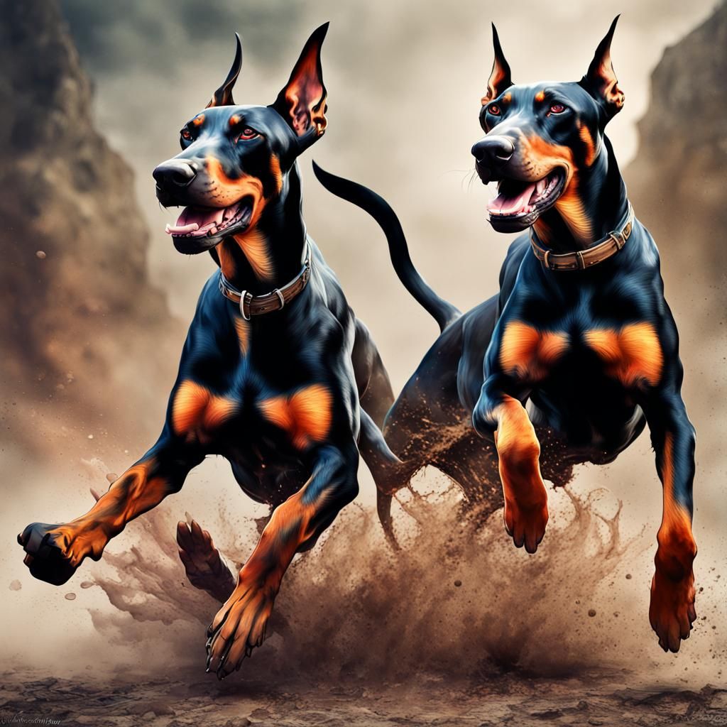 2 angry Doberman dogs  charging