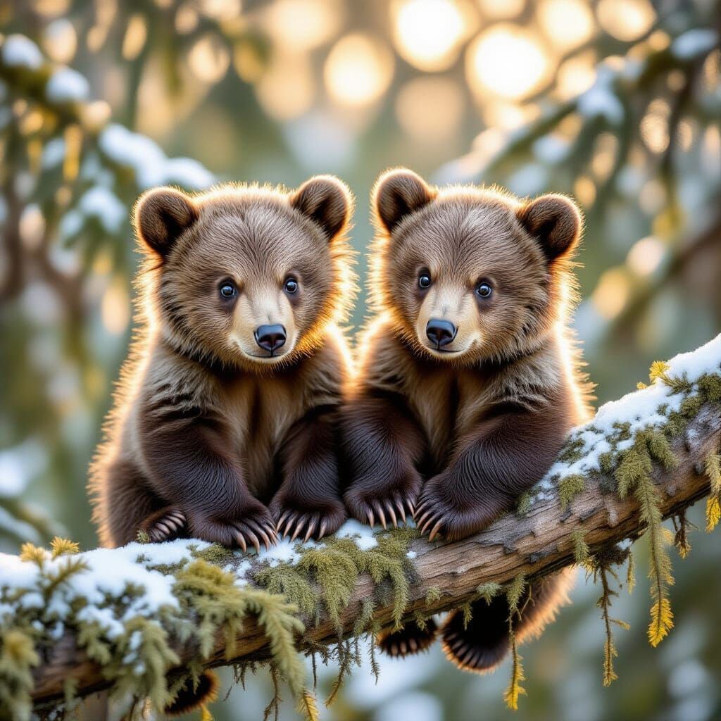 Brown Bear Cubs in Fir Tree, Wildlife Photography