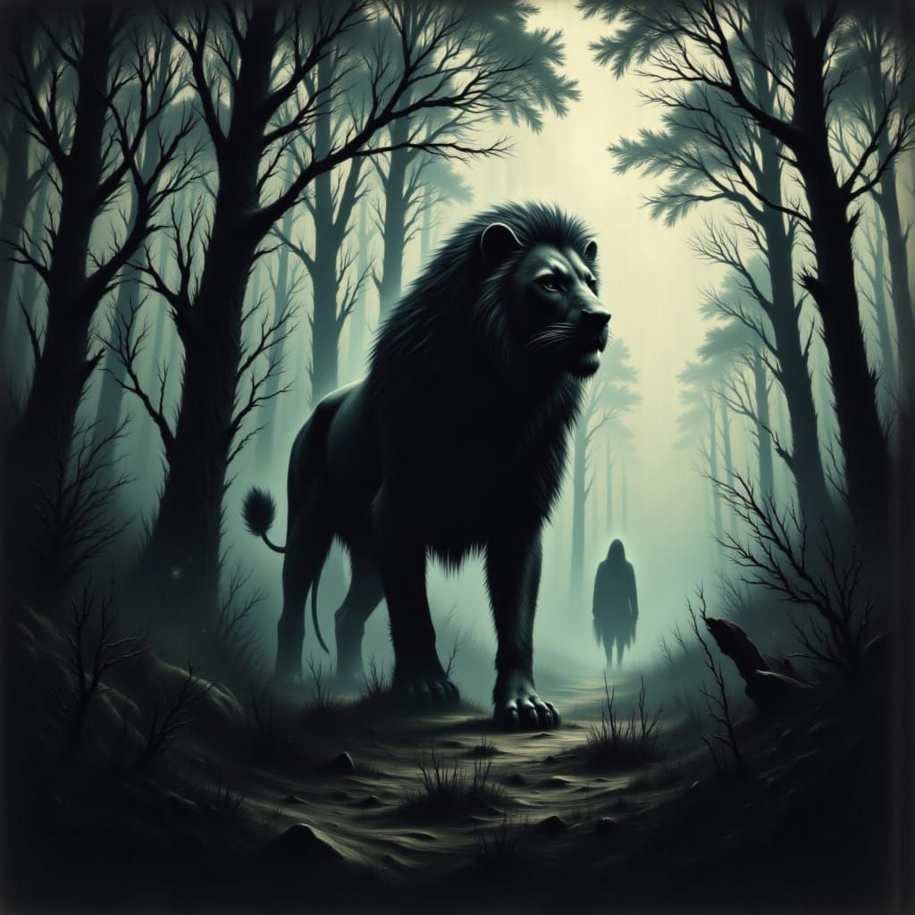 Majestic Lion Silhouette in Misty Forest