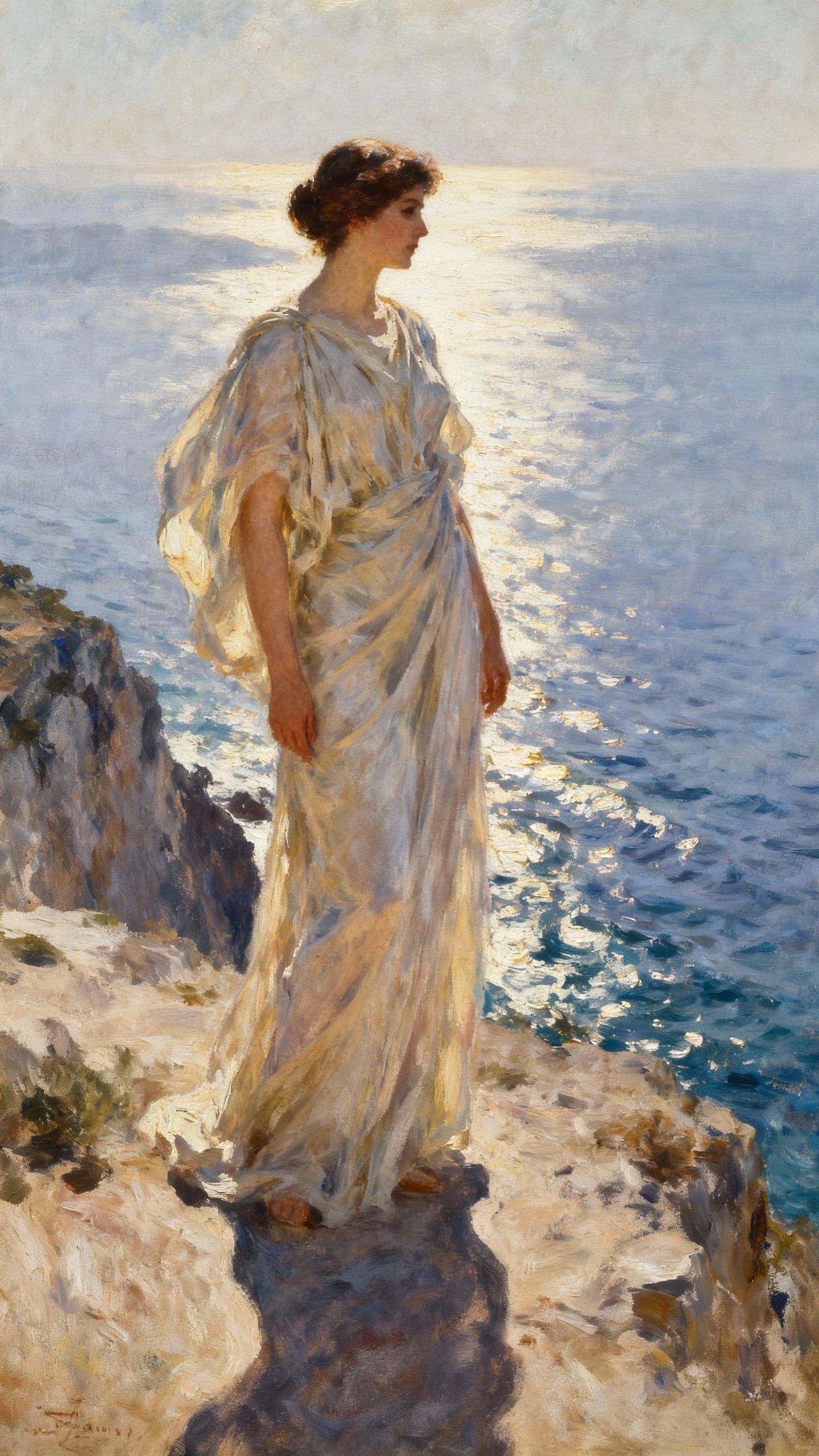 A majestic Greek woman with flowing robes stands on a cliff ...