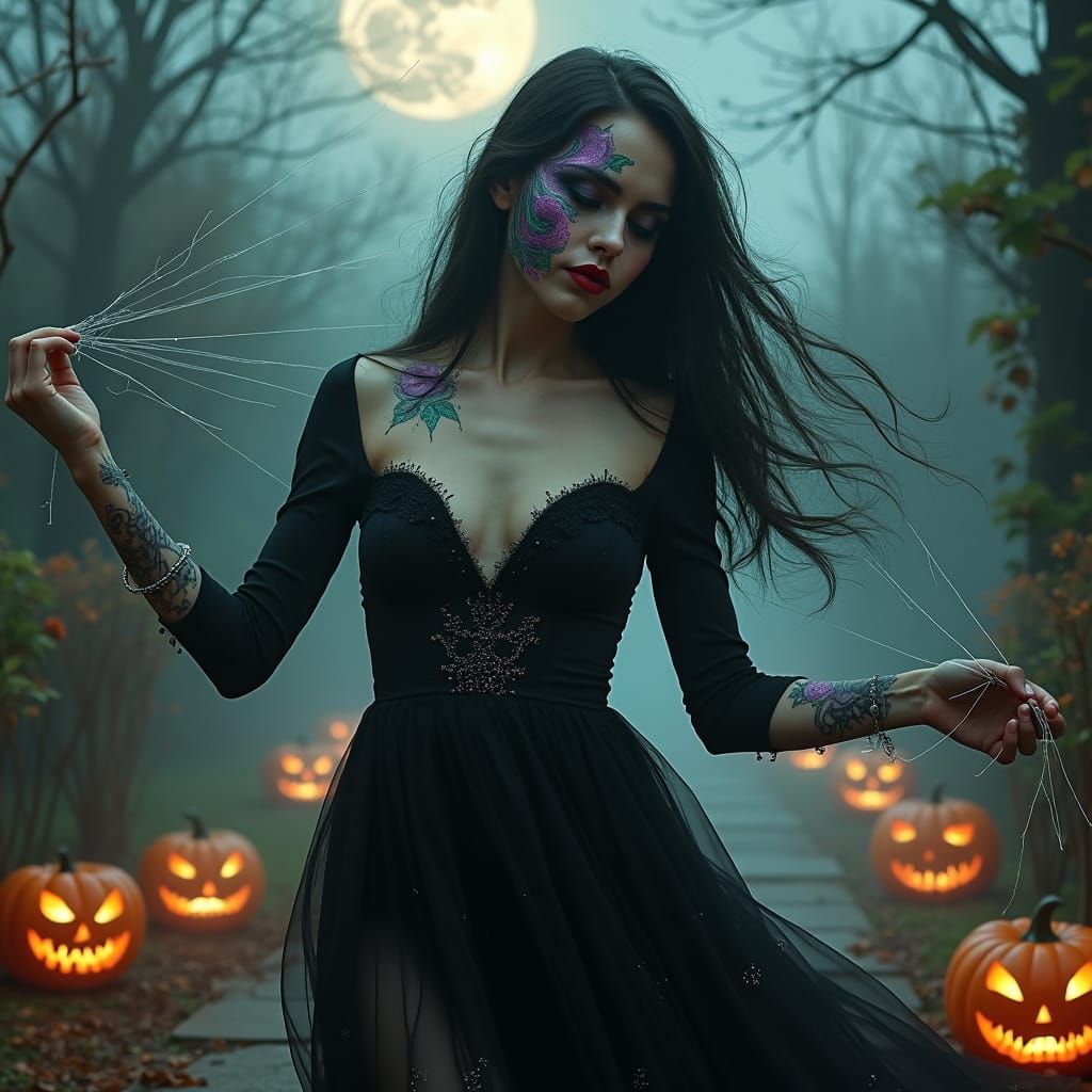 Dark Fantasy Girl Dancing in Halloween Garden