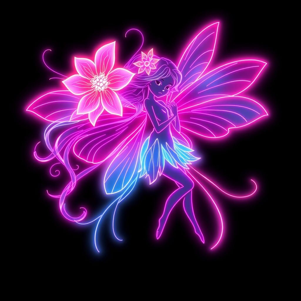Fairy in Glowing Neon Line Art Style