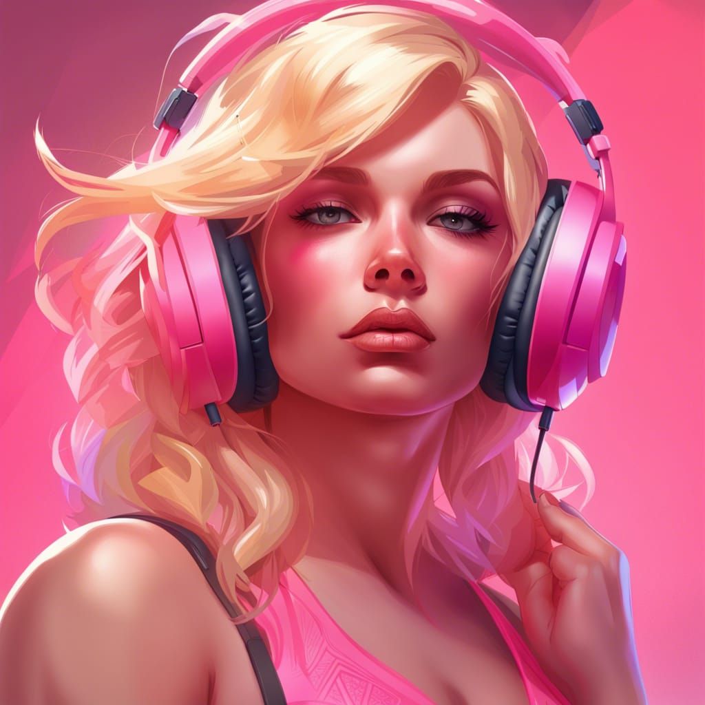Blonde Girl Portrait with Pink Bikini, Digital Art