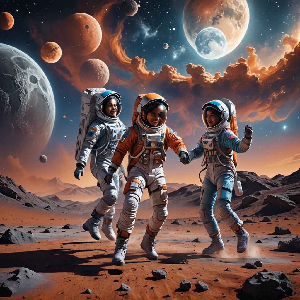 Teenage Siblings Dancing on the Moon as Digital Art