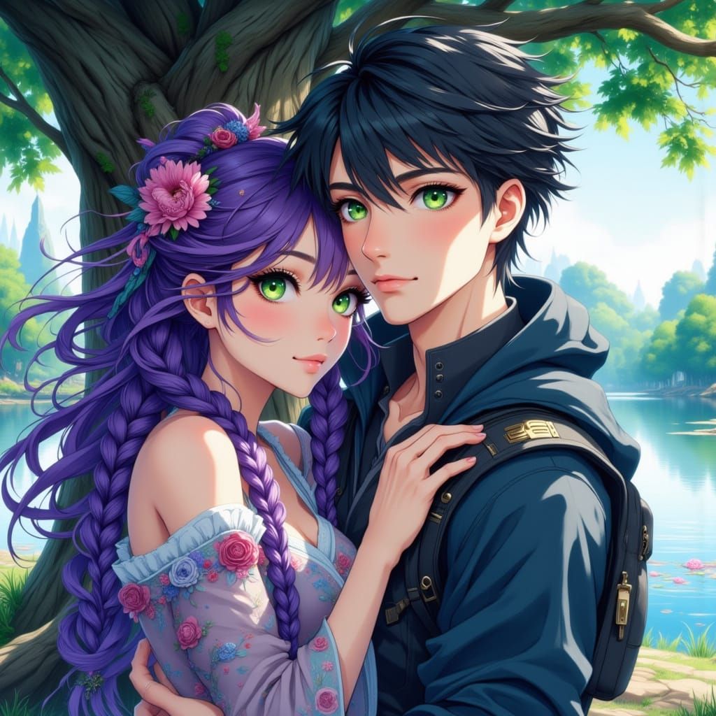 Anime Couple Embracing Under Tree Near Lake in Ghibli Style