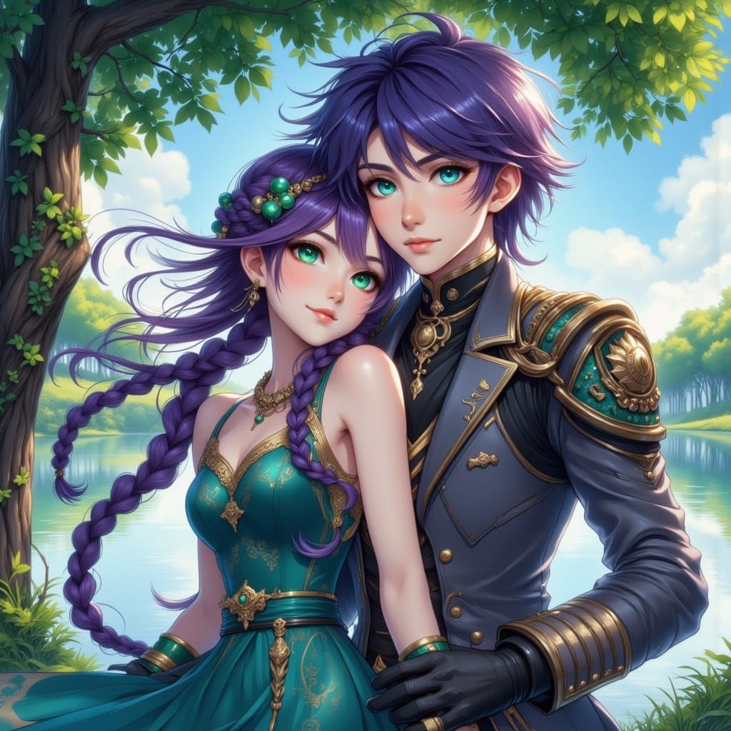 Anime Couple Embracing Under Tree Near Lake