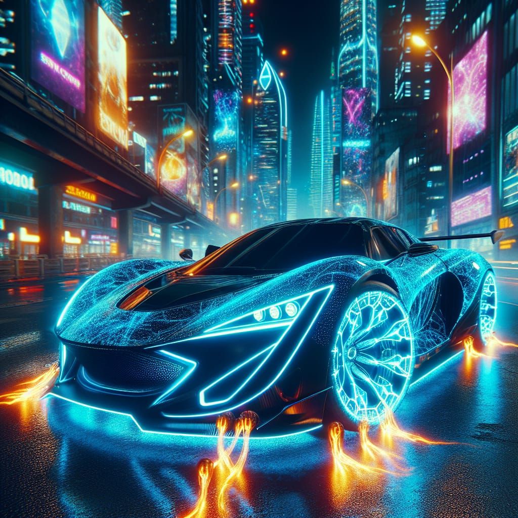 Cyberpunk Sports Car with Bioluminescent Wheels